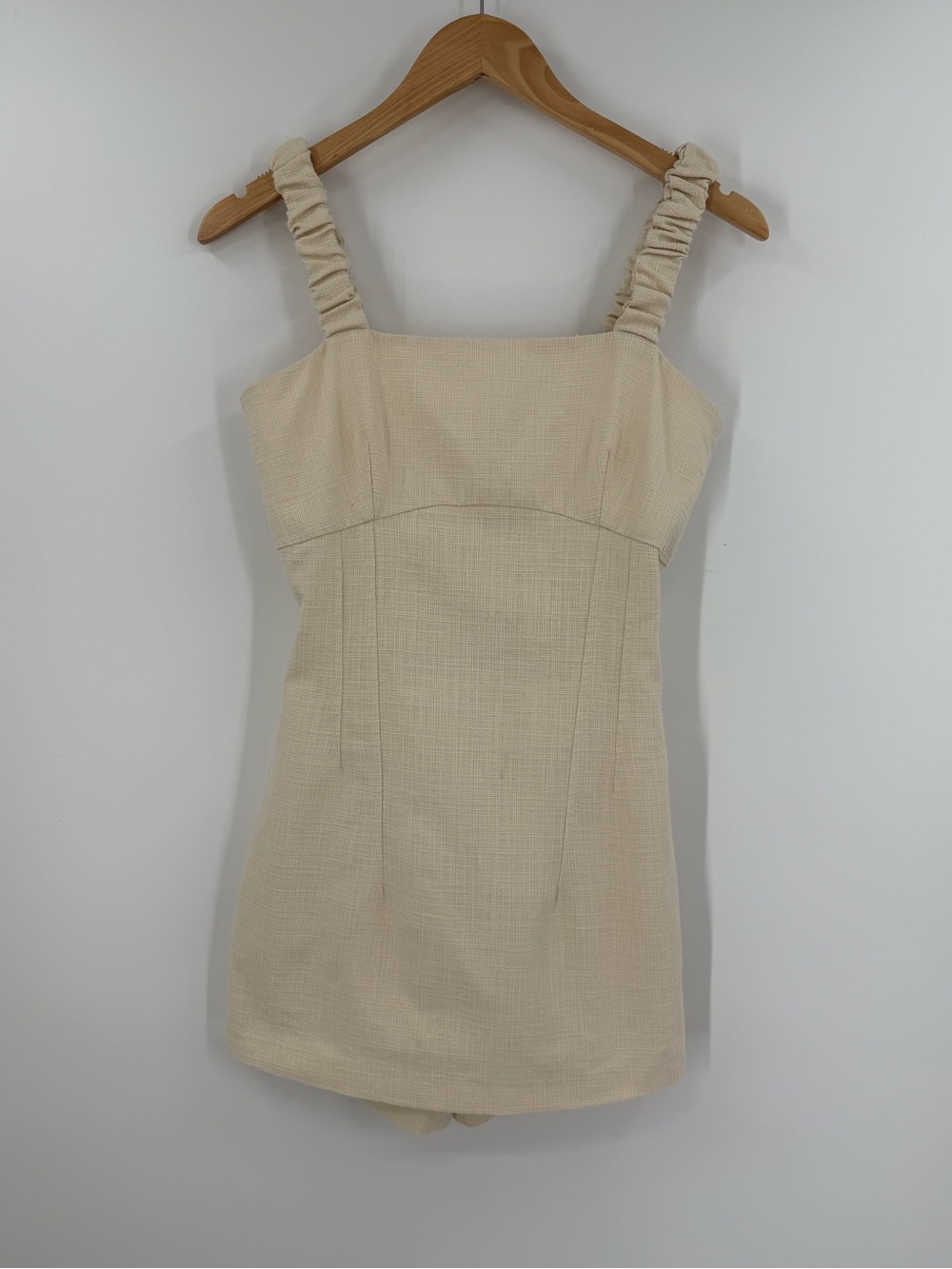 Hanita Italian Textured Cotton Ruched Straps Romper Dress | Cream | XS